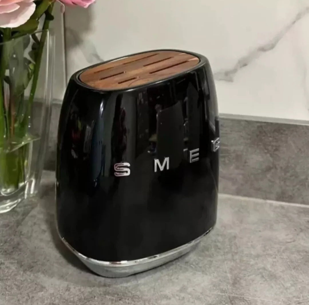 SMEG Acacia Wood / Carbon Steel Kitchen Block Holder Black Retro