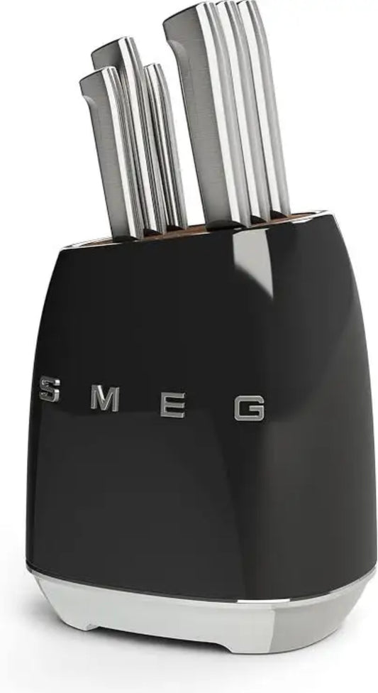 SMEG Acacia Wood / Carbon Steel Kitchen Knife Block Holder Retro Style 7pc