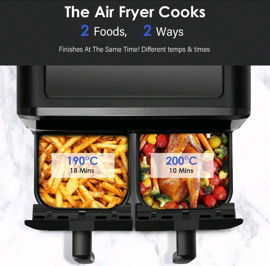 Dual Zone Air Fryer, 9L XL Capacity, 2 Non-Stick Drawers