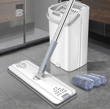 360° FLAT MOP BUCKET SET SQUEEZE DRY MICROFIBRE FLOOR MOP CLEANER